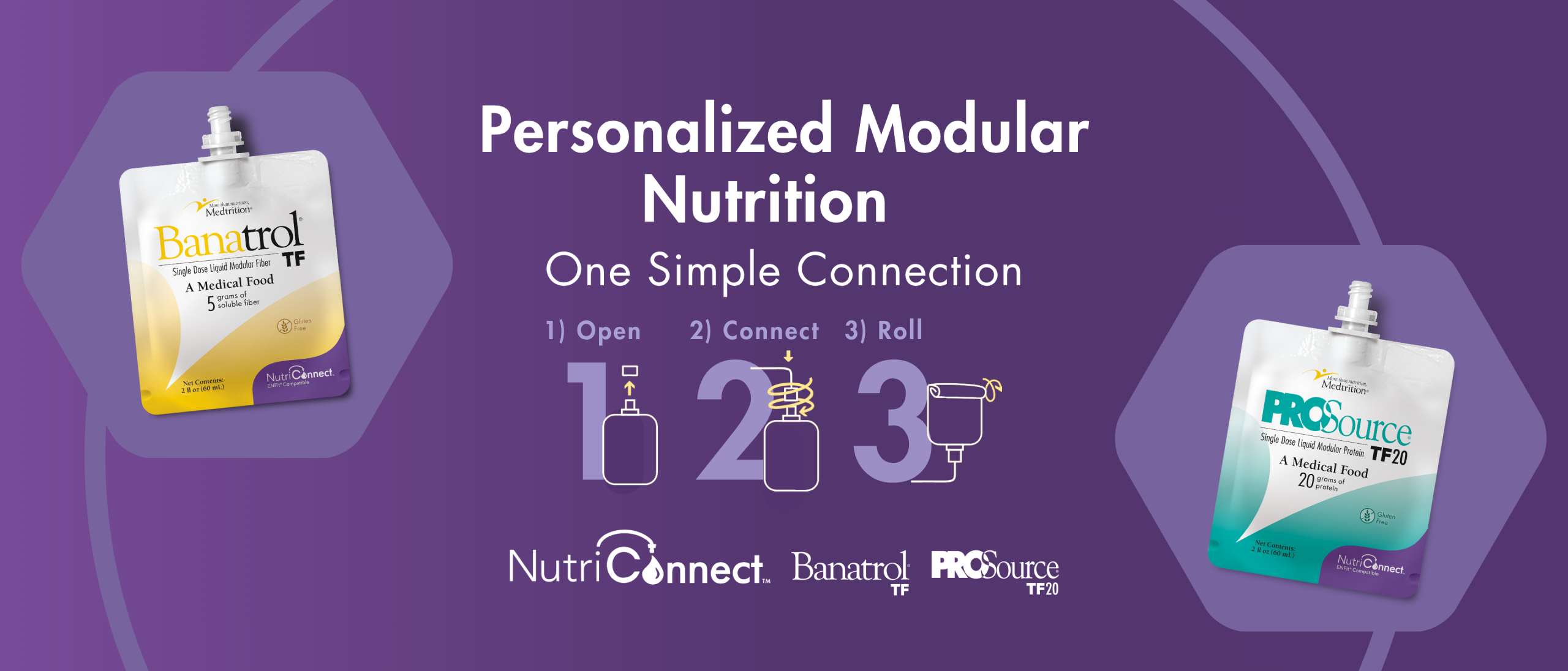 NutriConnect: Personalized Modular Nutrition in One Simple Connection, featuring current products a fiber packet and a protein packet in a easy 3 step, open, attach, and fold, administration process