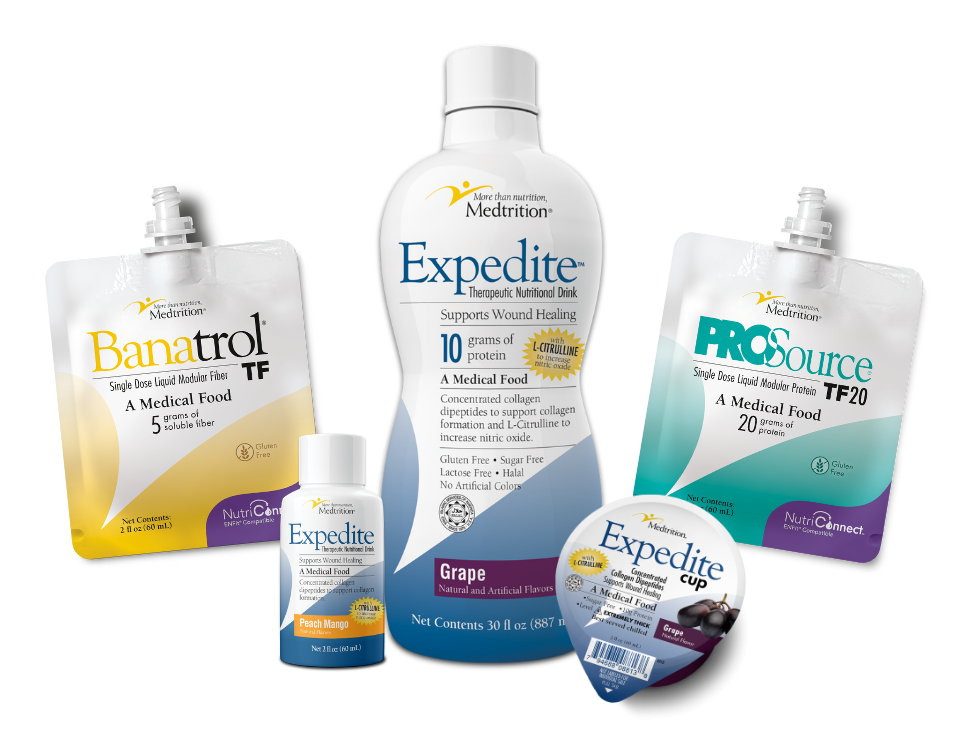 NutriConnect, Banatrol TF, on the far left Expedite bottles and cup in the middle, and NutriConnect: Pro Source TF20 on the far right